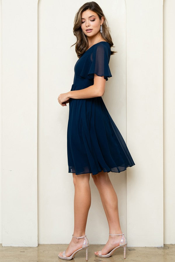 V Neckline Short Sleeve Chiffon Short Dress