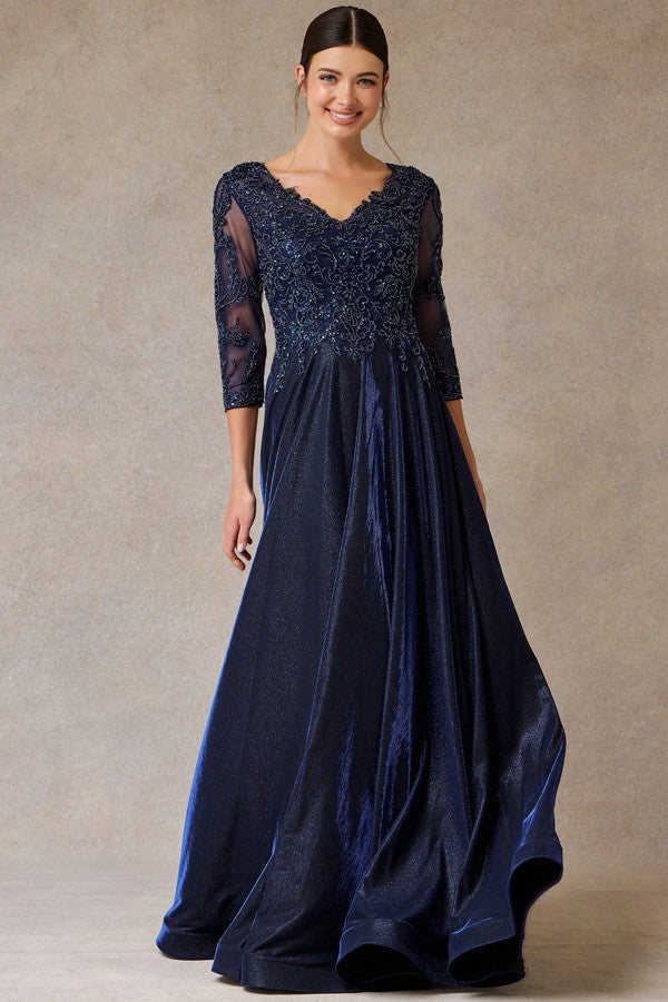 Sheer 3 Quarter Sleeve Metallic A Line Mob Dress