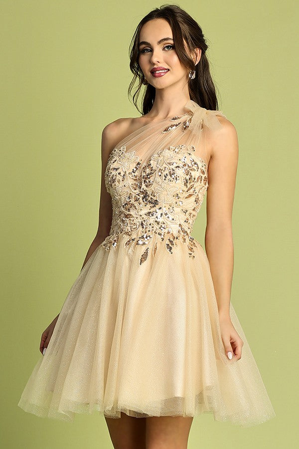 One Shoulder Embroidery/sequin Top Cocktail Dress