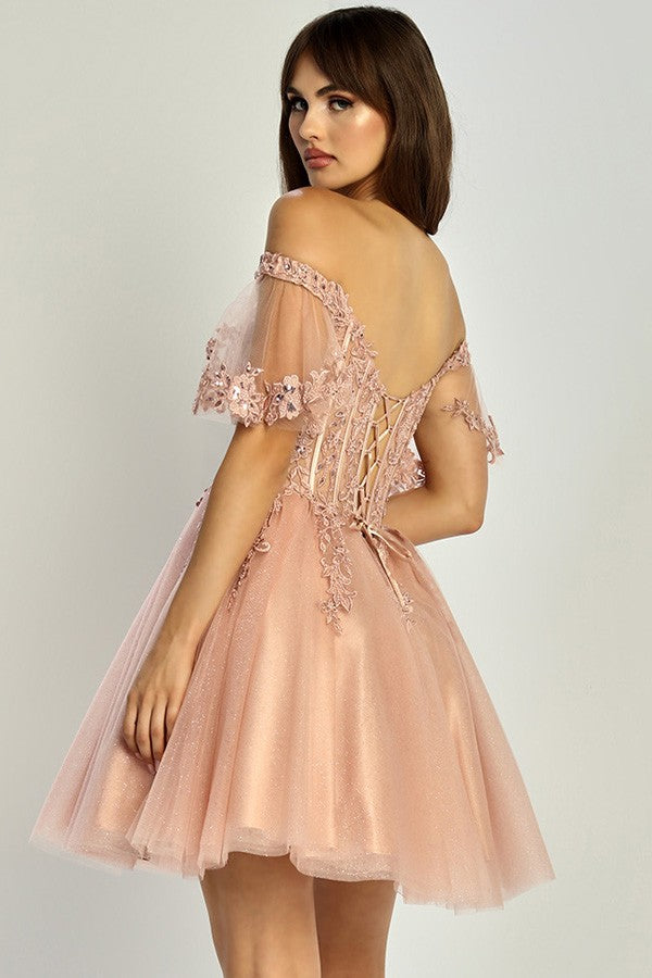 Off Shoulder Sheer Short Sleeve Cocktail Dress