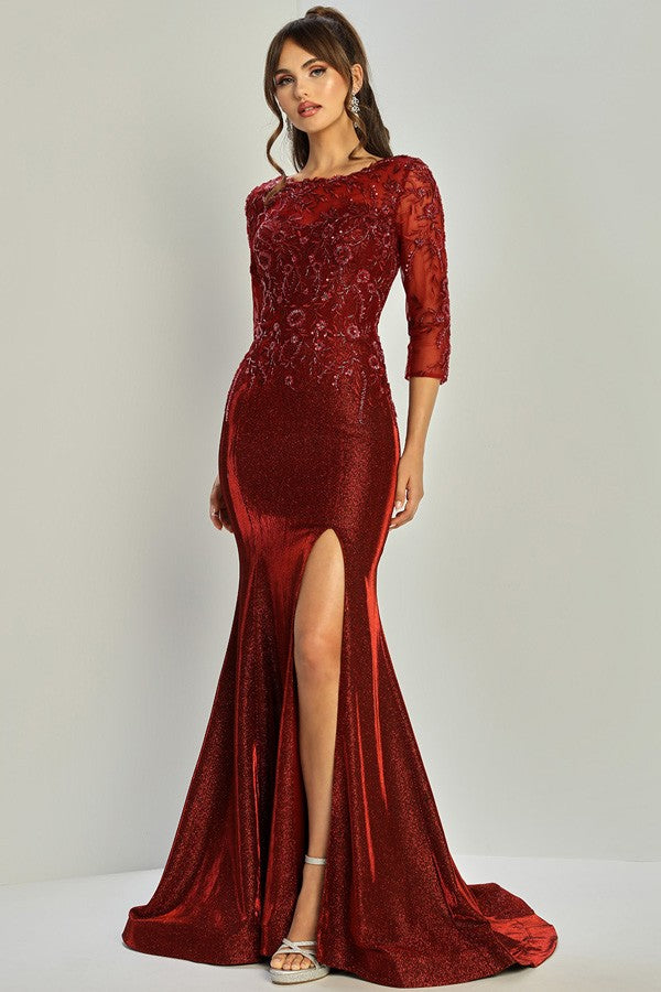 Sheer 3 Quarter Sleeve Fitted Metallic Mob Dress