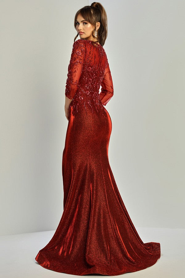 Sheer 3 Quarter Sleeve Fitted Metallic Mob Dress