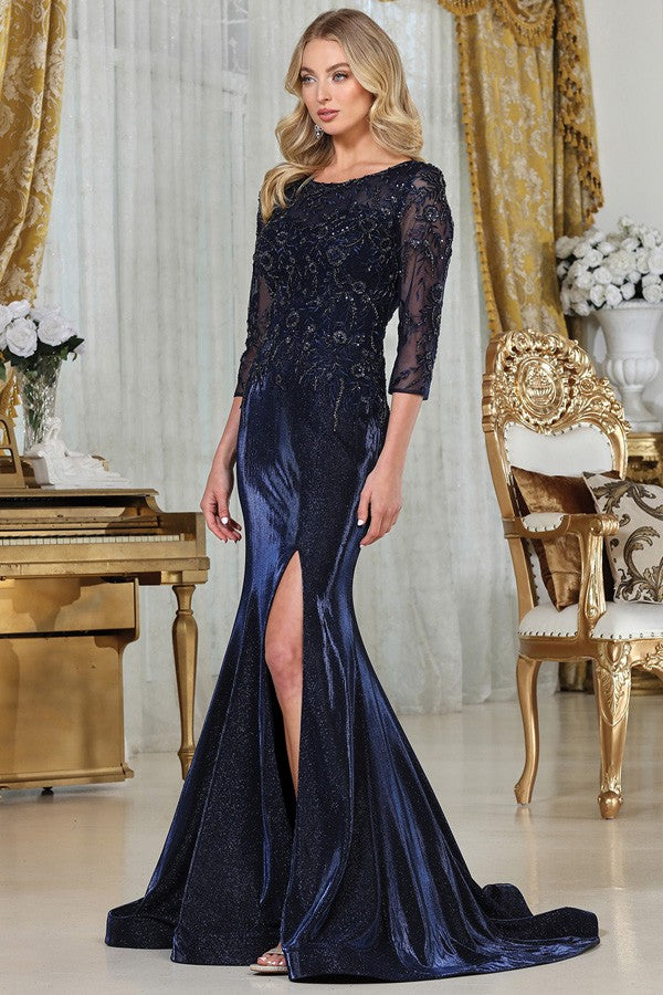 Sheer 3 Quarter Sleeve Fitted Metallic Mob Dress