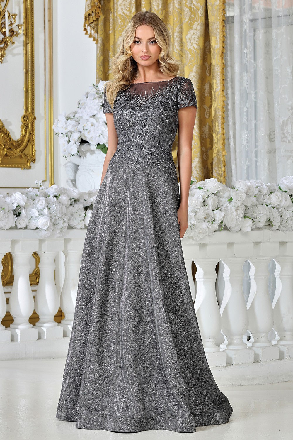 Short Sleeve Bateau Neckline Metallic Mob Dress