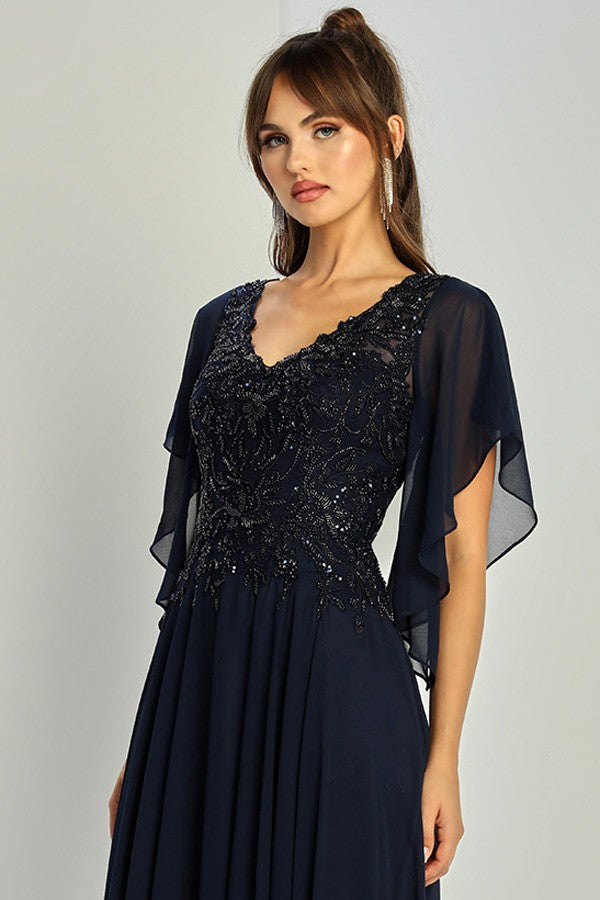 V Neckline Butterfly Sleeve Chiffon Mob Dress