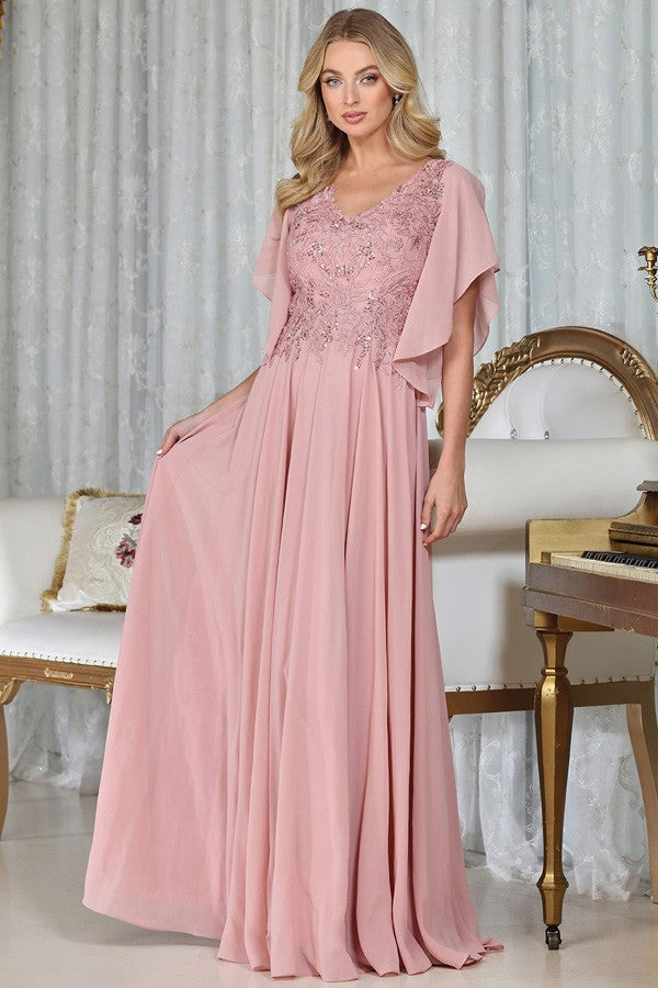 V Neckline Butterfly Sleeve Chiffon Mob Dress