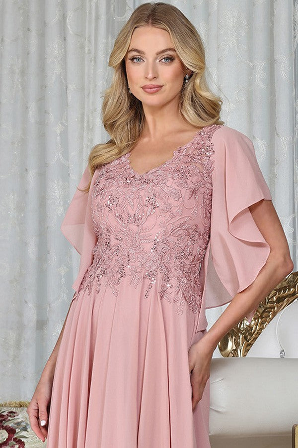 V Neckline Butterfly Sleeve Chiffon Mob Dress