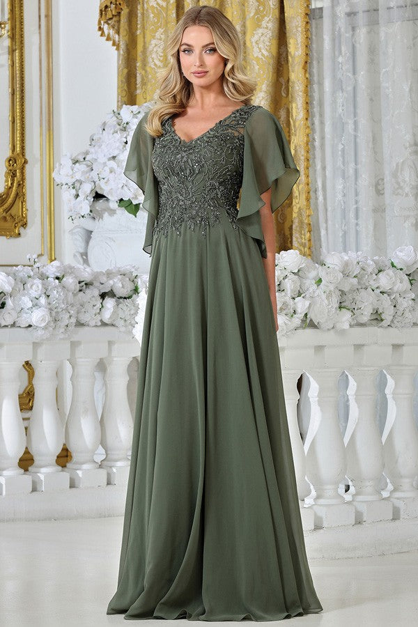 V Neckline Butterfly Sleeve Chiffon Mob Dress