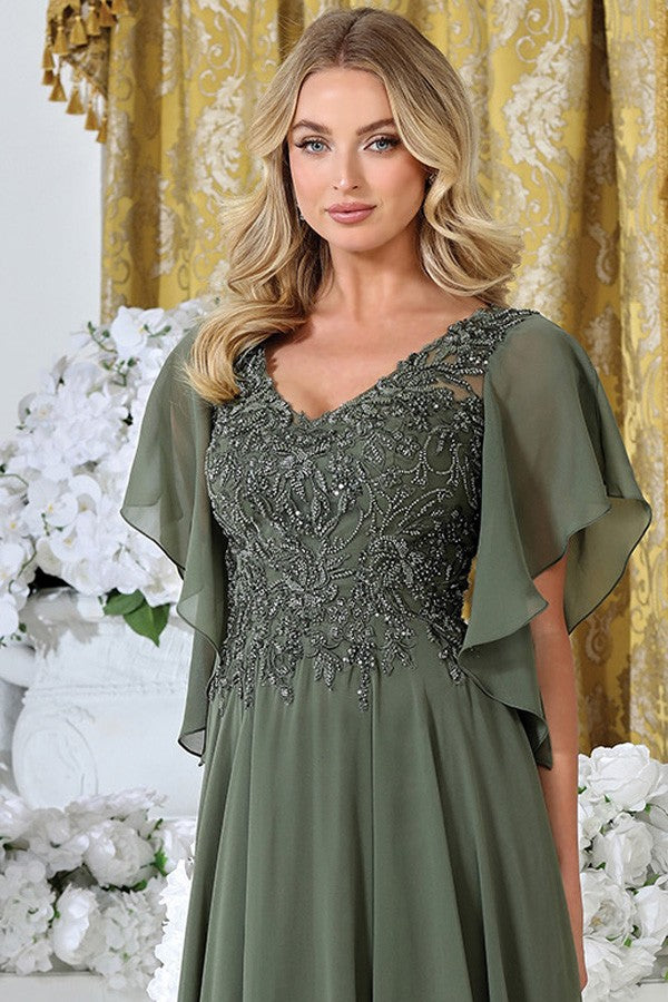 V Neckline Butterfly Sleeve Chiffon Mob Dress