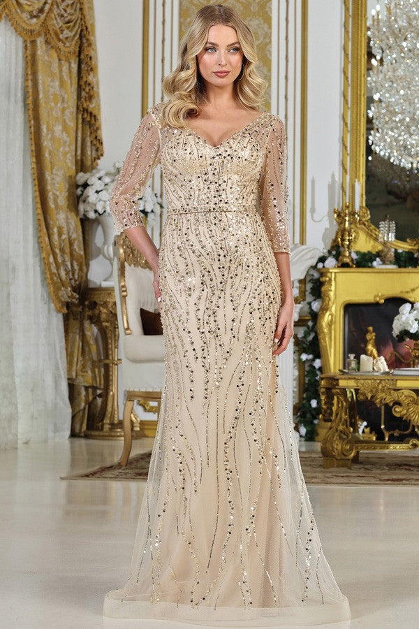 Sheer 3 Quarter Sleeve V Neckline Mob Trumpet Dres
