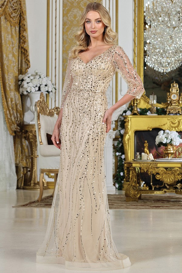 Sheer 3 Quarter Sleeve V Neckline Mob Trumpet Dres