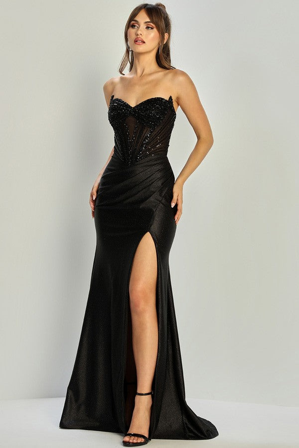 Embellished Illusion Top Satin Sheath Dress