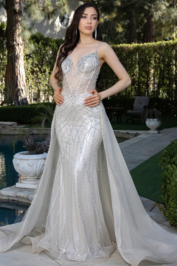Sleeveless V Neckline Embellished Mermaid Dress