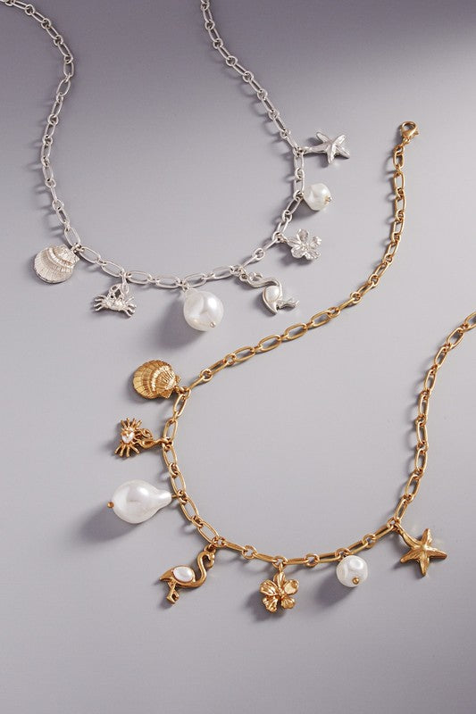 Summer Sealife Vintage Pearl Charm Short Necklace