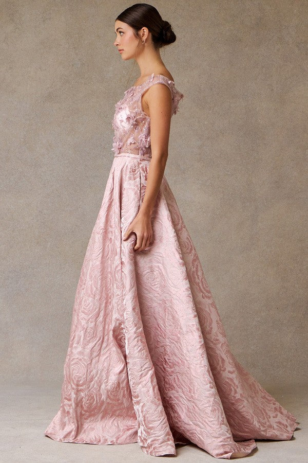 Sheer Illusion Top 3d Floral Applique Jacquard Dre