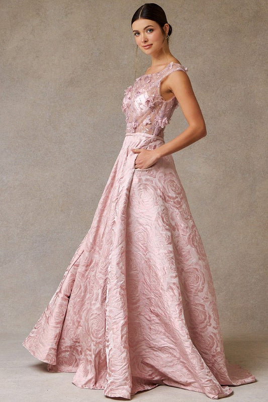 Sheer Illusion Top 3d Floral Applique Jacquard Dre