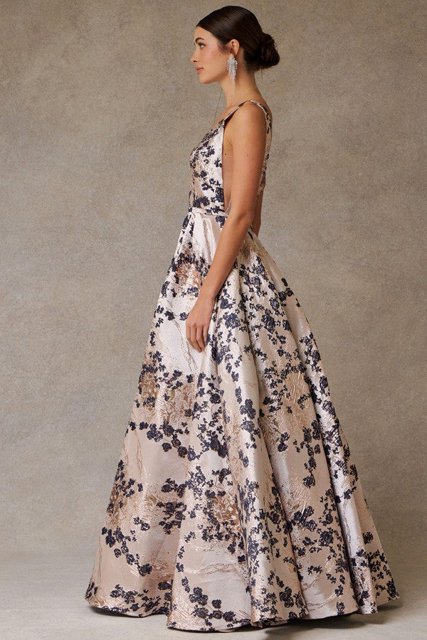 Sleeveless Deep V Neck Jacquard A Line Dress