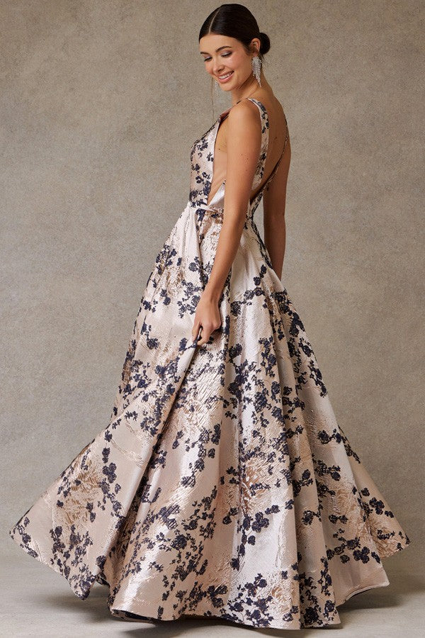 Sleeveless Deep V Neck Jacquard A Line Dress