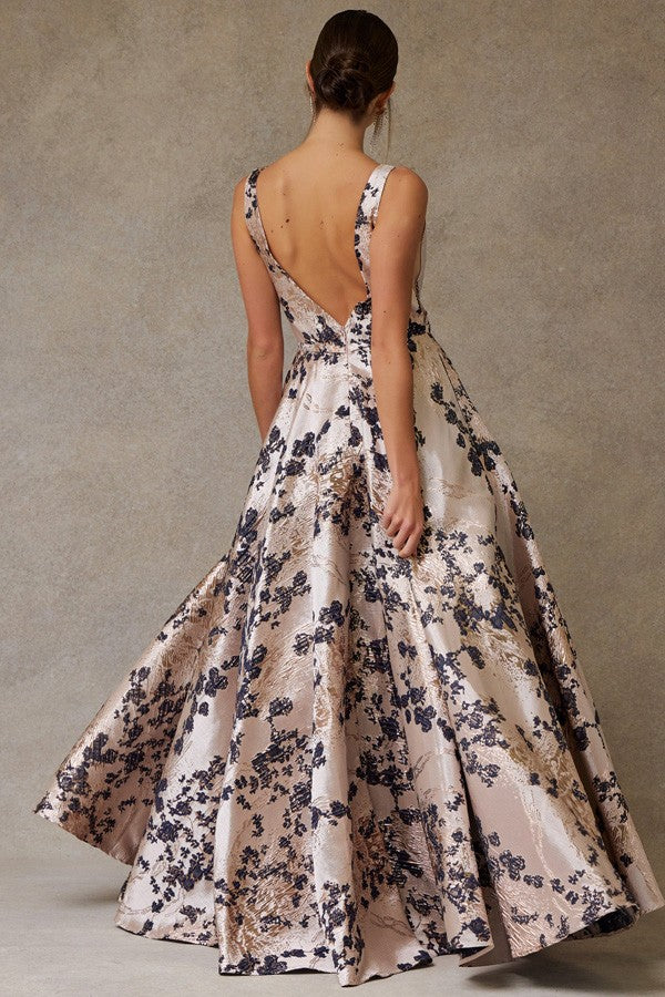 Sleeveless Deep V Neck Jacquard A Line Dress