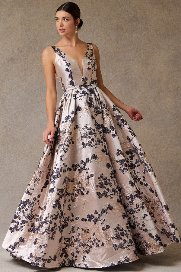 Sleeveless Deep V Neck Jacquard A Line Dress