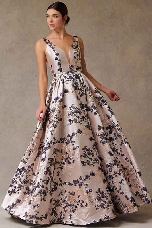 Sleeveless Deep V Neck Jacquard A Line Dress