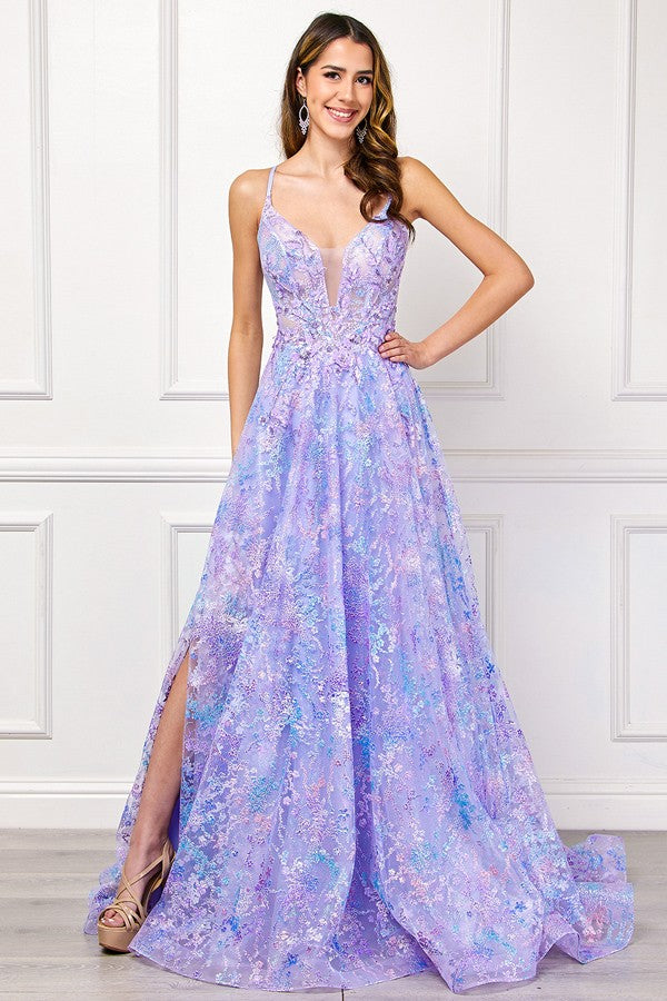 Sleeveless Deep V Neckline Glitter Print A Line Dr