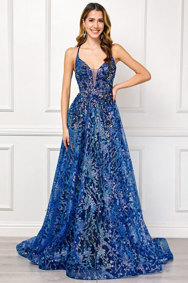 Sleeveless Deep V Neckline Glitter Print A Line Dr