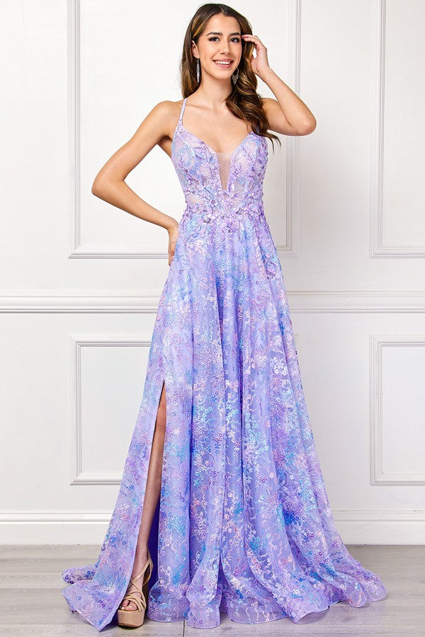 Sleeveless Deep V Neckline Glitter Print A Line Dr