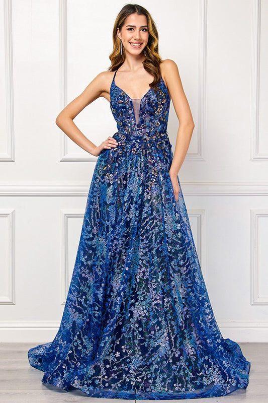 Sleeveless Deep V Neckline Glitter Print A Line Dr