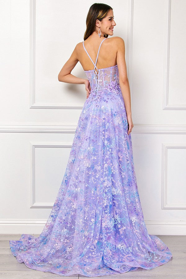 Sleeveless Deep V Neckline Glitter Print A Line Dr