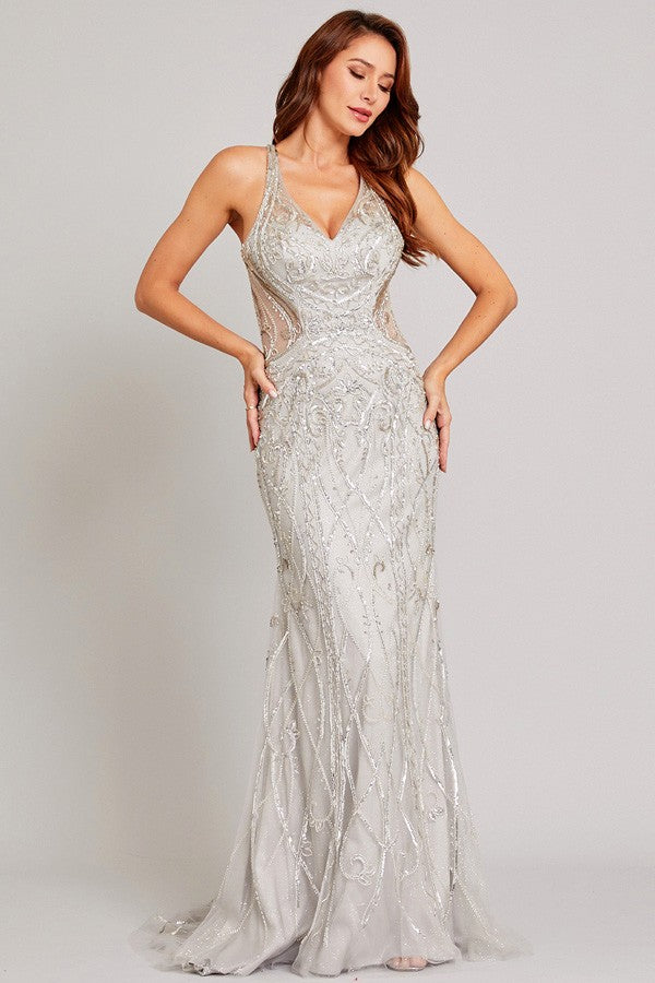 Sleeveless Deep V Neck Embellished Sheath Dress