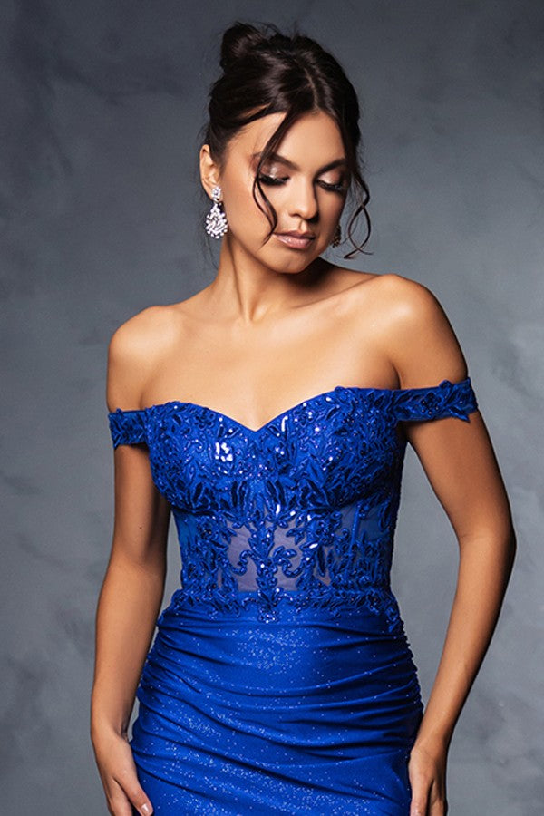 Off The Shoulder Sweetheart Metallic Sheath Dress