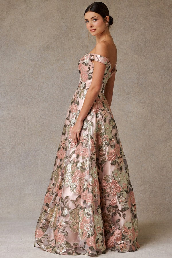 Off The Shoulder Plunging Neckline Jacquard Dress