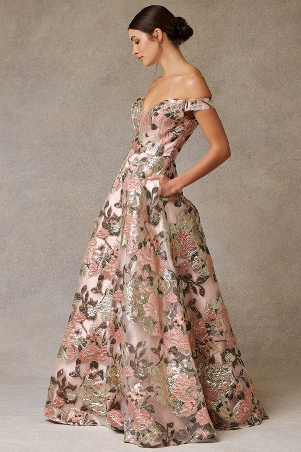 Off The Shoulder Plunging Neckline Jacquard Dress