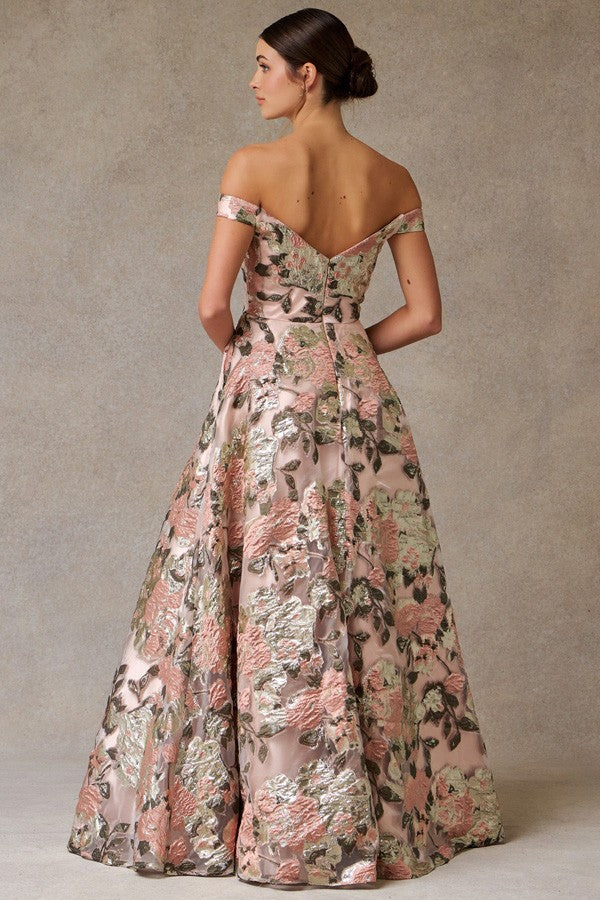 Off The Shoulder Plunging Neckline Jacquard Dress