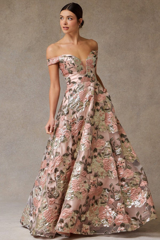 Off The Shoulder Plunging Neckline Jacquard Dress