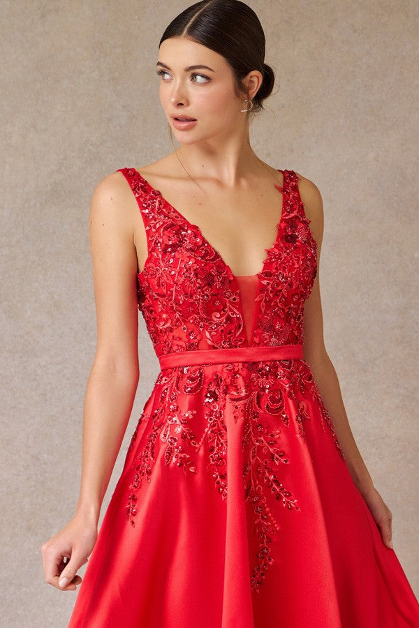 Sleeveless Deep V Neckline A Line Dress