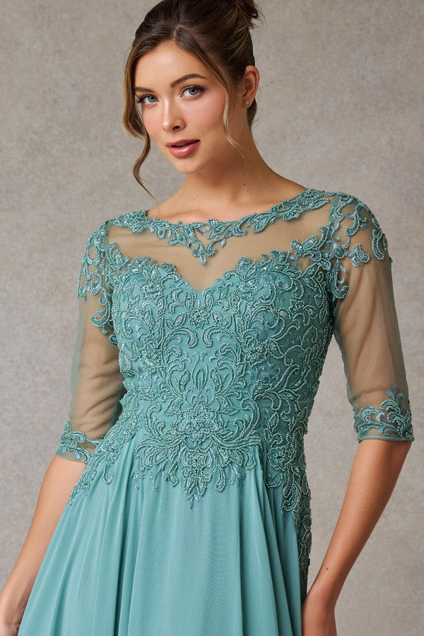 Sheer 3 Quarter Sleeve Bateau Chiffon Mama Dress