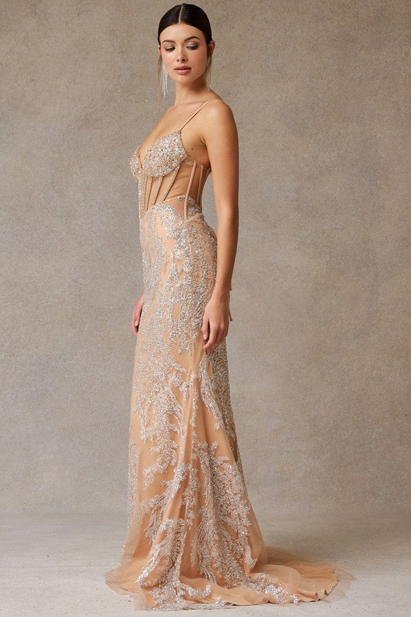 Sleeveless Skinny Straps Bead Top Glitter Sheath D