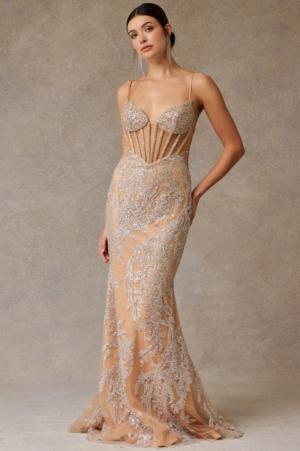 Sleeveless Skinny Straps Bead Top Glitter Sheath D