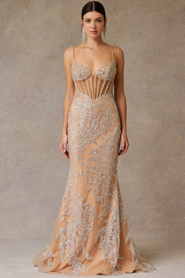 Sleeveless Skinny Straps Bead Top Glitter Sheath D