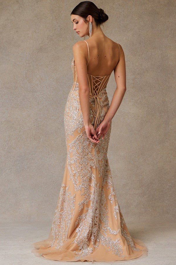 Sleeveless Skinny Straps Bead Top Glitter Sheath D