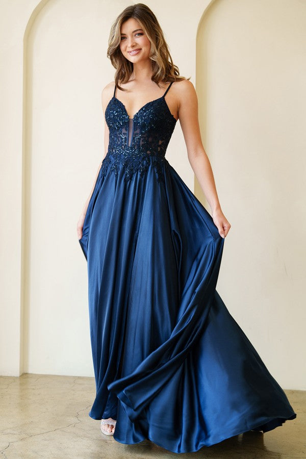 Sleeveless Embroidered Top A Line Satin Dress