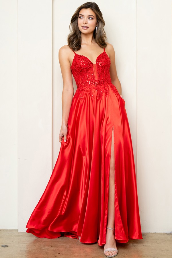 Sleeveless Embroidered Top A Line Satin Dress