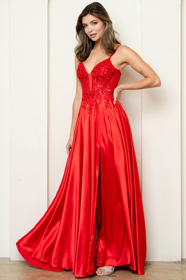 Sleeveless Embroidered Top A Line Satin Dress