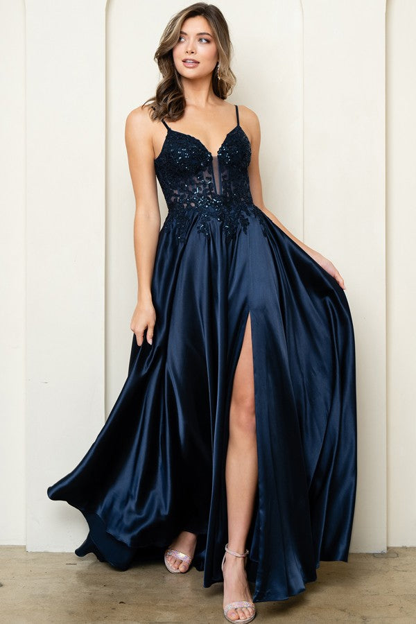 Sleeveless Embroidered Top A Line Satin Dress