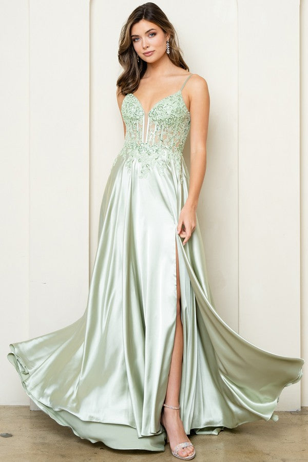 Sleeveless Embroidered Top A Line Satin Dress