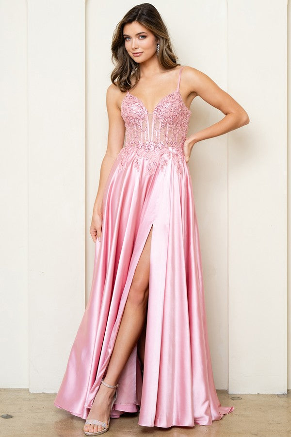 Sleeveless Embroidered Top A Line Satin Dress