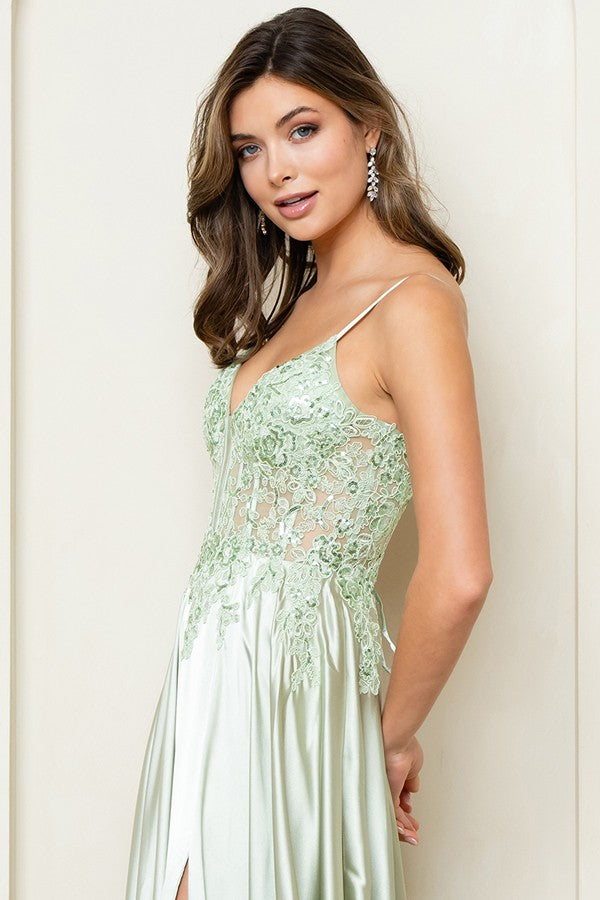 Sleeveless Embroidered Top A Line Satin Dress