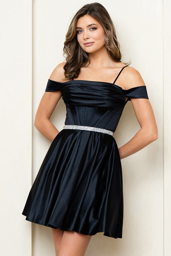 Off Shoulder Satin Short Dress W/ Jewel Belt